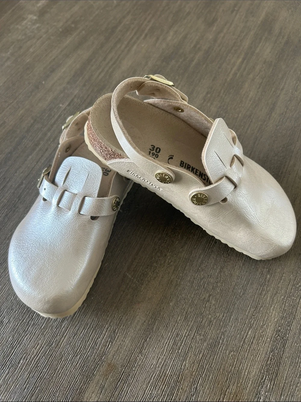 Birkenstock Kids Metallic Cream Slip-On Clogs, Size C12, New.